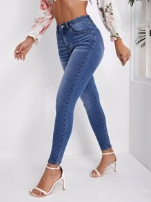 High Waist Skinny Jeans - Medium Wash - View 1