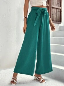 SHEIN VCAY Belted Wide Leg Trousers - Green - View 1