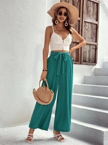 SHEIN VCAY Belted Wide Leg Trousers - Green - View 4