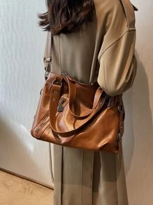 復古大容量拉鍊裝飾托特包適合女士合適辦公和通勤 - 棕色 - 查看 6