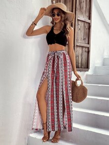 SHEIN VCAY All Over Print Split Thigh Belted Wide Leg Trousers - Multicolor - View 3