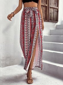 SHEIN VCAY All Over Print Split Thigh Belted Wide Leg Trousers - Multicolor - View 1