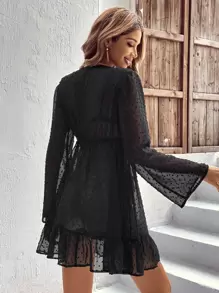 Swim Vcay Contrast Geo Tape Tie Front Ruffle Hem Swiss Dot Kimono - Black - View 2