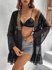 Swim Vcay Contrast Geo Tape Tie Front Ruffle Hem Swiss Dot Kimono - Black - View 4