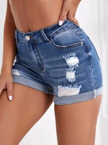 SHEIN Essnce Ripped Roll Up Hem Denim Shorts - Dark Wash - View 4