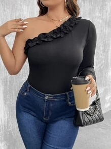 Calvaya Body de un hombro ribete con fruncido - Negro - Ver 1