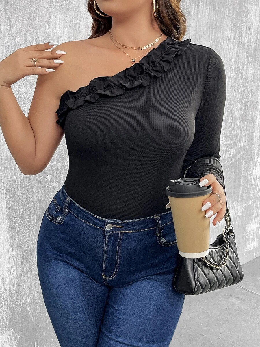 Calvaya Body de un hombro ribete con fruncido - Negro - Ver 1