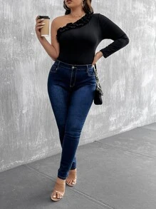 Calvaya Body de un hombro ribete con fruncido - Negro - Ver 3