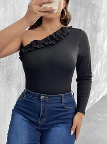 Calvaya Body de un hombro ribete con fruncido - Negro - Ver 4