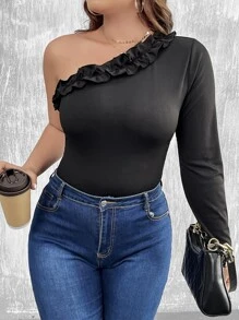 Calvaya Body de un hombro ribete con fruncido - Negro - Ver 5