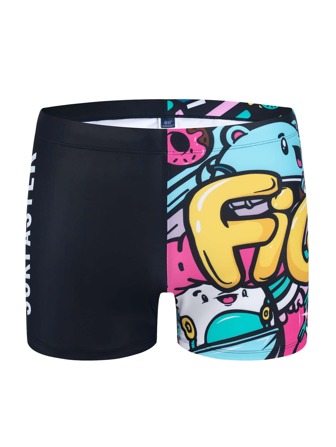 Men Cartoon & Letter Graphic Square Leg Swim Trunks