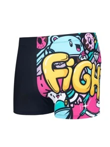 男士卡通和字母圖案方腿泳褲