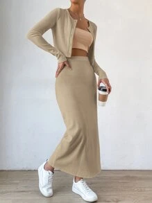 SHEIN Privé 素色前紐扣短款T恤和半身裙不帶上衣 - 杏色 - 查看 1