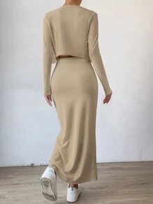 SHEIN Privé 素色前紐扣短款T恤和半身裙不帶上衣 - 杏色 - 查看 2