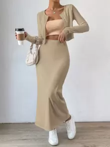 SHEIN Privé 素色前紐扣短款T恤和半身裙不帶上衣 - 杏色 - 查看 5