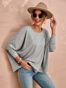 SHEIN LUNE Áo thun nữ màu trơn Giải trí - Xám - Xem 4
