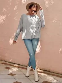 SHEIN LUNE Áo thun nữ màu trơn Giải trí - Xám - Xem 5