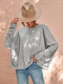 SHEIN LUNE Áo thun nữ màu trơn Giải trí - Xám - Xem 6