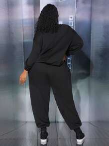 SHEIN CURVE+ Plus Figure Graphic Drop Shoulder Sweatshirt & Joggers - Black - View 2