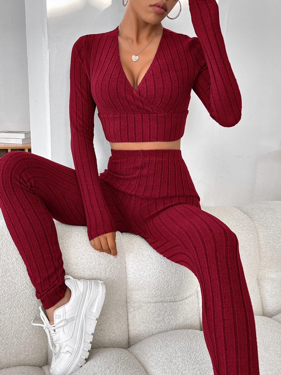 SHEIN EZwear Surplice Neck Crop Top & Leggings - Burgundy - View 1