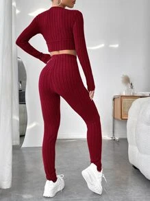 SHEIN EZwear Surplice Neck Crop Top & Leggings - Burgundy - View 2