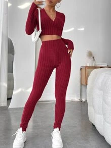 SHEIN EZwear Surplice Neck Crop Top & Leggings - Burgundy - View 3