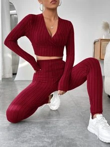 SHEIN EZwear Surplice Neck Crop Top & Leggings - Burgundy - View 4