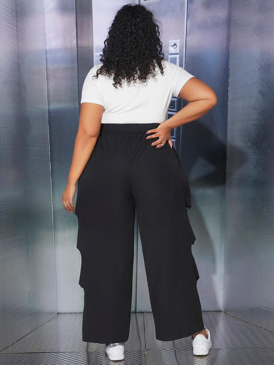 SHEIN CURVE+ Plus Cut Out Side Wide Leg Trousers - Black - View 1