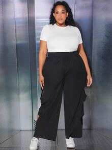 SHEIN CURVE+ Plus Cut Out Side Wide Leg Trousers - Black - View 4