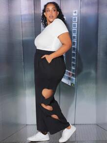 SHEIN CURVE+ Plus Cut Out Side Wide Leg Trousers - Black - View 3