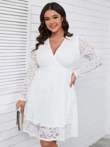 SHEIN Unity 大碼交疊領蕾絲覆蓋洋裝 - 白色 - 查看 1