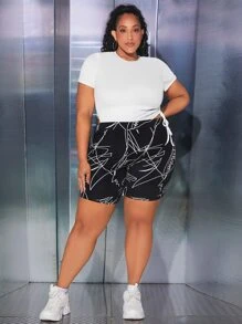 SHEIN CURVE+ Plus Geo Print Cycling Shorts - Black - View 5