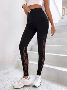 SHEIN LUNE Contrast Lace High Waist Leggings - Black - View 6