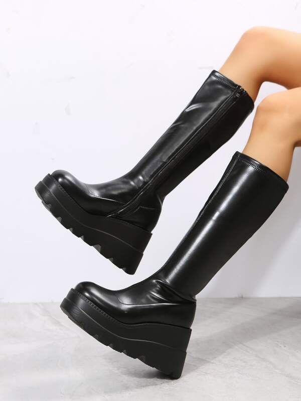 Women Square Toe Wedge Boots, Punk Black Wedge Boots SHEIN UK