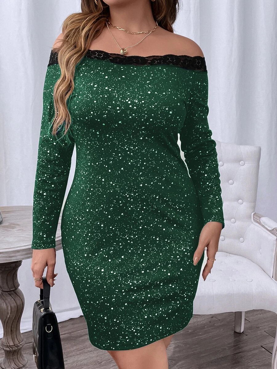 SHEIN Unity Plus Dalmatian Print Lace Trim Off Shoulder Bodycon Dress - Dark Green - View 1