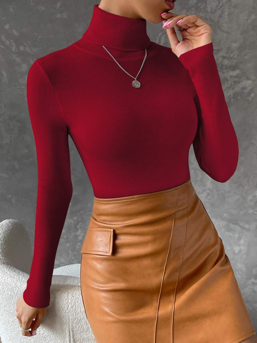 SHEIN Essnce Jersey cuello alto tejido de canalé - Burdeos - Ver 1