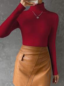 SHEIN Essnce Jersey cuello alto tejido de canalé - Burdeos - Ver 4