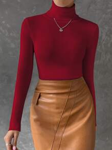 SHEIN Essnce Jersey cuello alto tejido de canalé - Burdeos - Ver 6