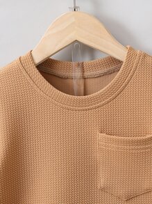 SHEIN 男小童卡其色素色休閒簡約風酷圓領常規袖2入組/套適合夏天 - 卡其色 - 查看 3