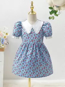 SHEIN Toddler Girls Allover Floral Print Contrast Collar Puff Sleeve Dress