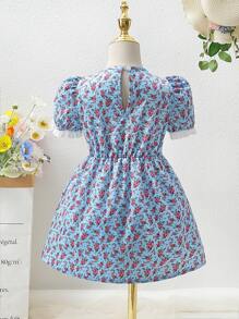 SHEIN Toddler Girls Allover Floral Print Contrast Collar Puff Sleeve Dress