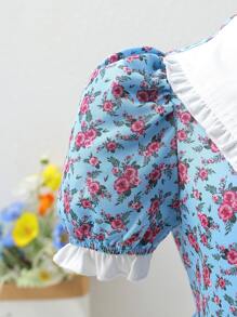 SHEIN Toddler Girls Allover Floral Print Contrast Collar Puff Sleeve Dress