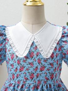 SHEIN Toddler Girls Allover Floral Print Contrast Collar Puff Sleeve Dress