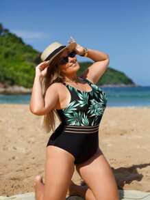 Bikinx 大碼熱帶圖案網紗拼接連體泳衣 - 彩色 - 查看 3