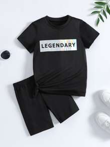 Young Girl Black Letter Print Sporty Regular Short Sleeve Two Piece Set For Summer - Black - View 1