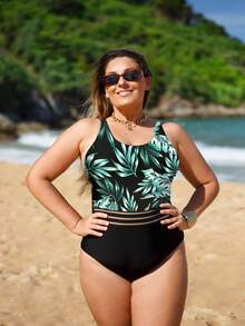 Bikinx 大碼熱帶圖案網紗拼接連體泳衣 - 彩色 - 查看 4