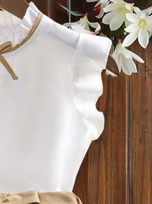 SHEIN 女孩褶邊前蝴蝶結上衣和腰帶半身裙 - 彩色 - 查看 3