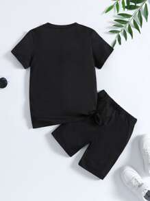 Young Girl Black Letter Print Sporty Regular Short Sleeve Two Piece Set For Summer - Black - View 2