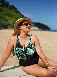 Bikinx 大碼熱帶圖案網紗拼接連體泳衣 - 彩色 - 查看 5