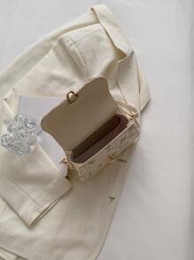 Floral Embroidery Straw Saddle Bag, Mini Woven Crossbody Bag, Women's Buckle Decor Flap Purse (7.67 X 5.51 X 2.95) Inch - Beige - View 3